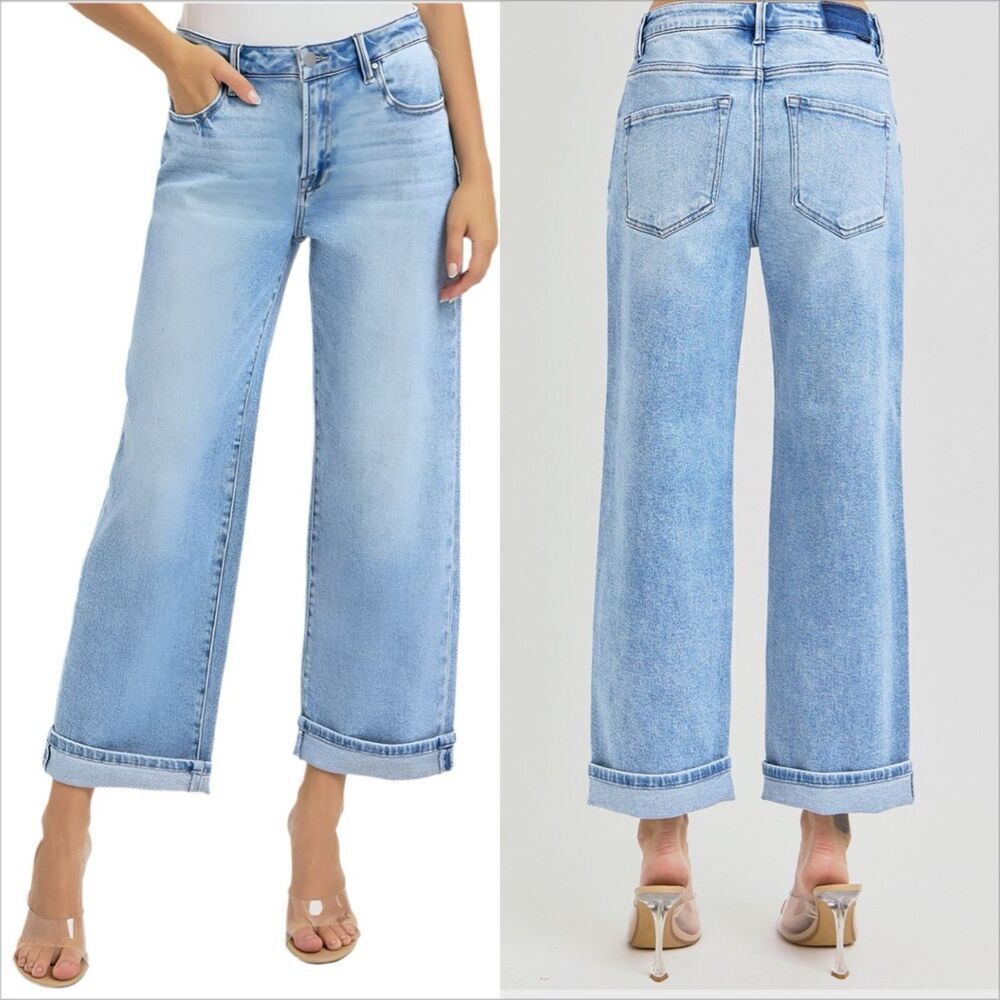 Risen High Rise Ankle Barrel Turn Up Cuffed Jeans Size 15/32 Light Wash